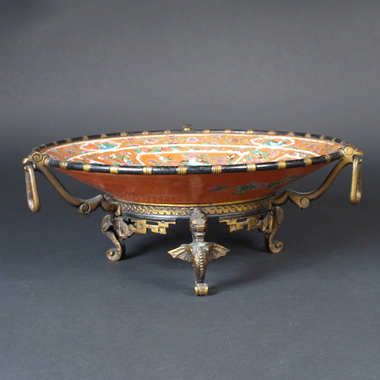 Cast China, Cantonese Charger with French Chinoiserie Bronze Mount For Sale