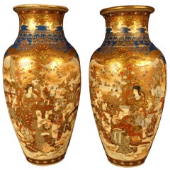 Satsuma, Nice Pair Of Meiji Period Vases.