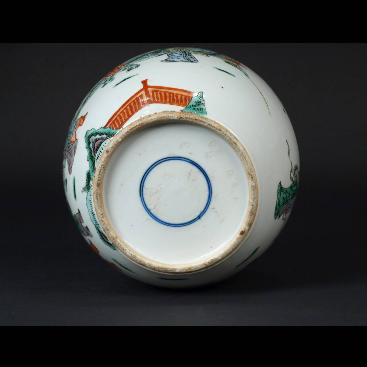 Chinese porcelain Ginger jar decorated with hand painted Famille verte enamels, depicting beauties playing with children in a garden.

Formerly mounted as a lamp but holes restored (invisible).
19th century.
