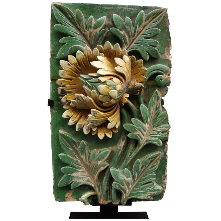 Ming Glazed Terracota Peony Wall Plaque On Stand For Sale