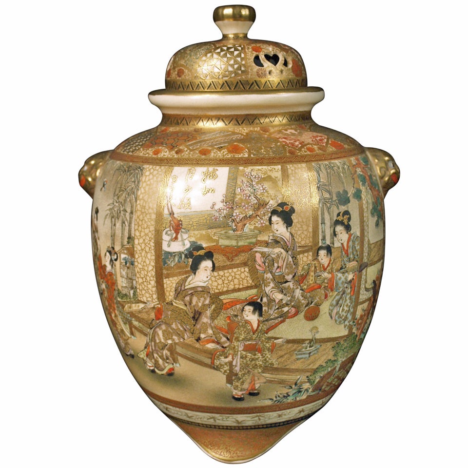 Satsuma Earthenware Koro by Hozan, Meiji Period For Sale