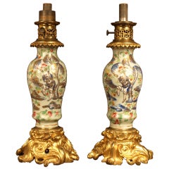 Cantonese Celadon Famille Rose Pair Of Bronze Mounted Lamps