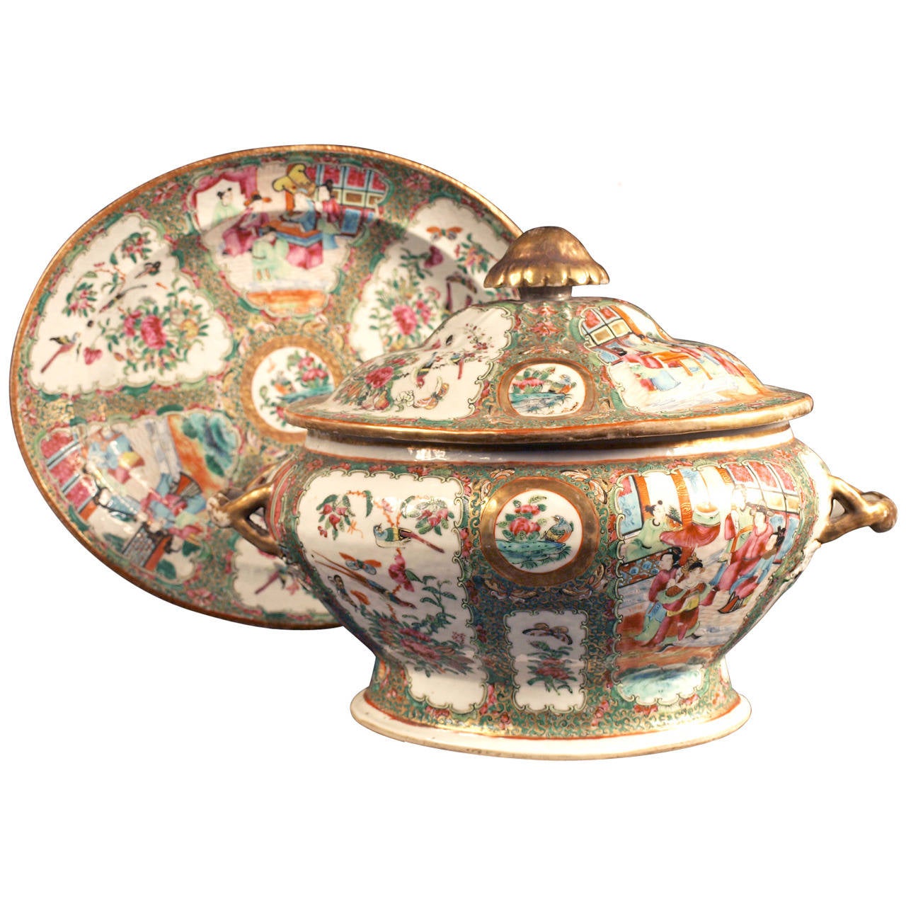 China, Canton, Tureen and Stand, 19th Century For Sale
