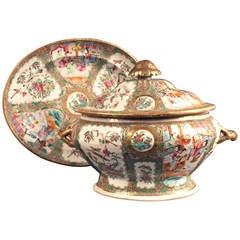 Antique China, Canton, Tureen and Stand, 19th Century