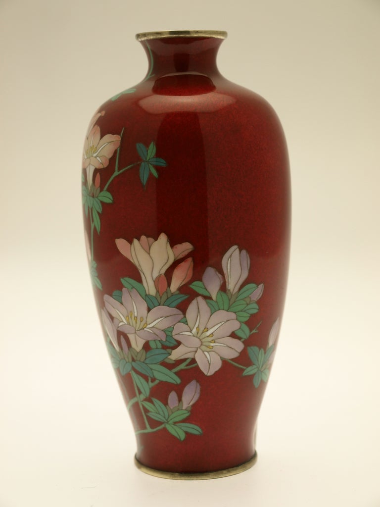 This nice Japanese cloisonné is decorated with flowers on a translucent red ground.  Signed Tsukamoto Hikokichi.  Japan, Meiji Period, circa 1900.