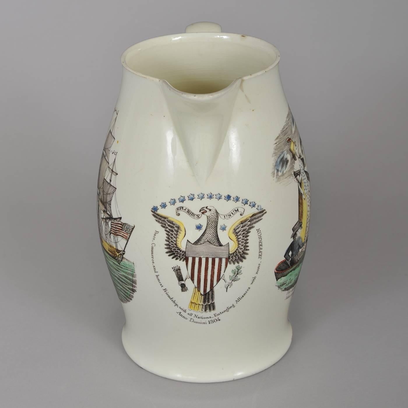 Early 19th century creamware jug decorated with an American three masted sailing ship, a lady bidding farewell to a departed ship and the American seal of a winged eagle below the spout with the inscription: Peace, Commerce and honest Friendship,