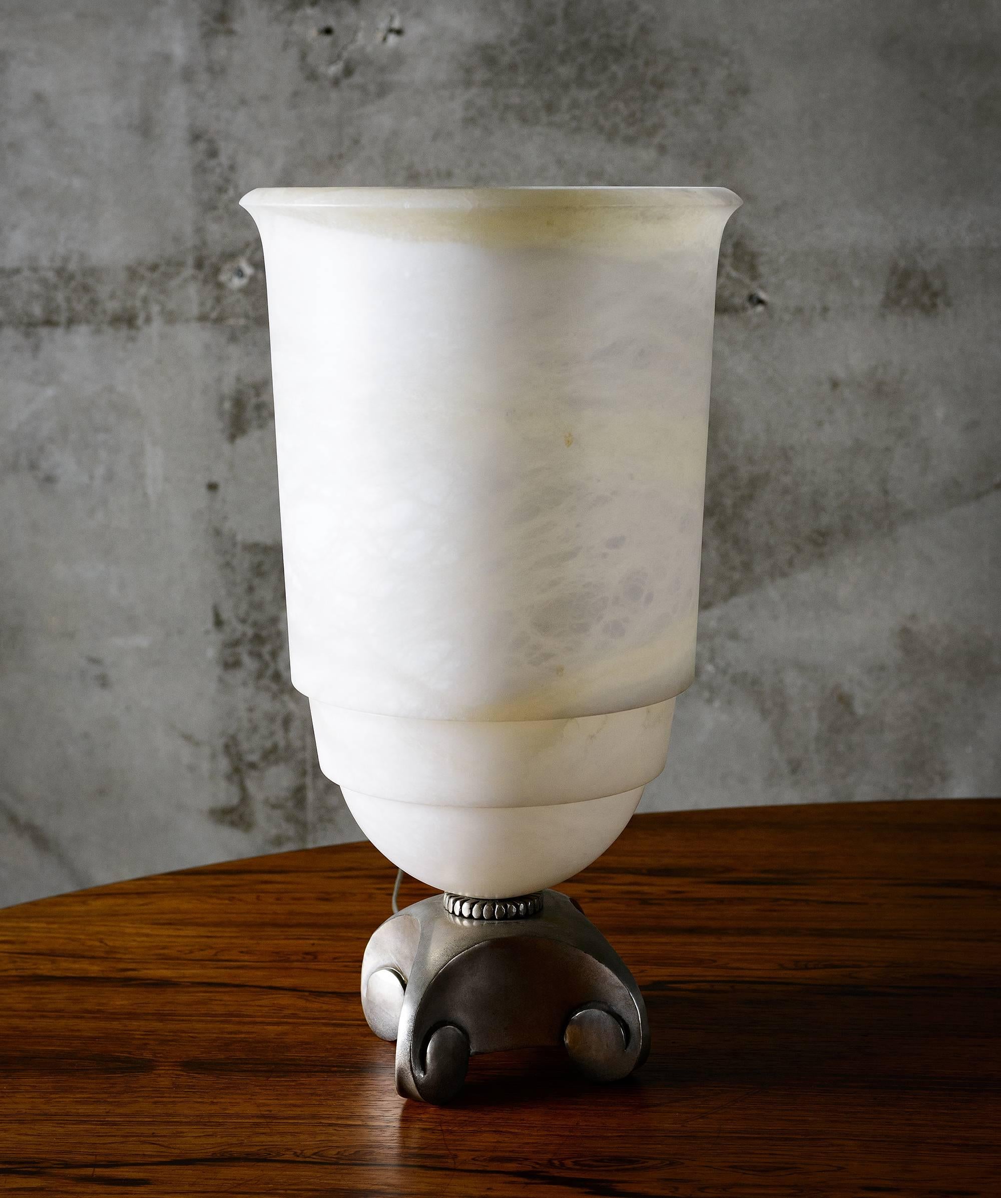 Modern Ruhlman Style Alabaster Hurricane Lamp with Silvered Bronze Base