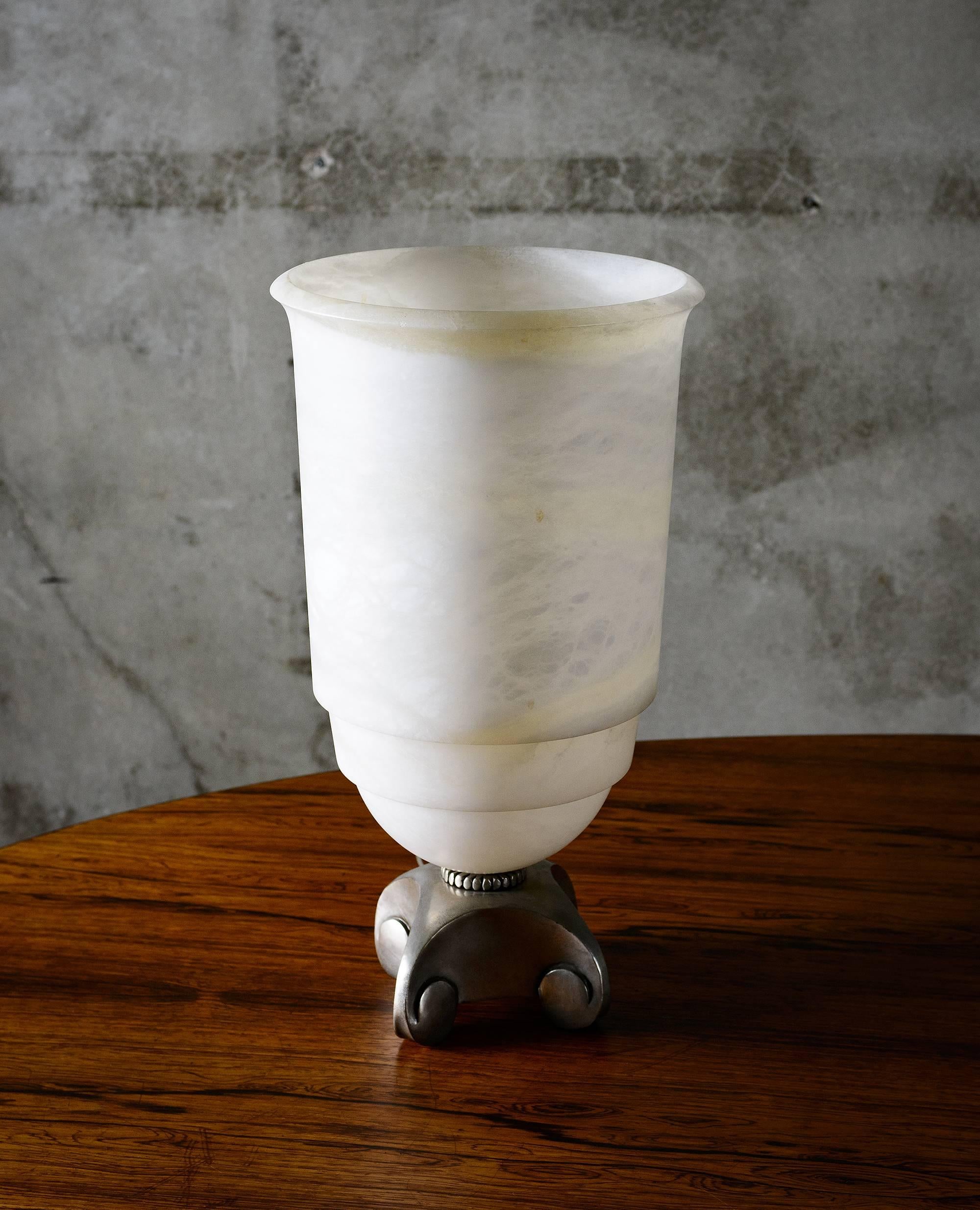 American Ruhlman Style Alabaster Hurricane Lamp with Silvered Bronze Base