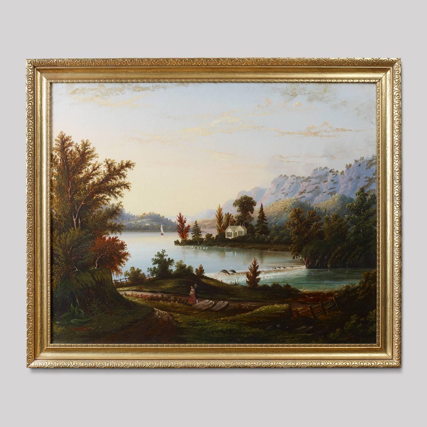 Signed by P. Hansen, these pair of landscape paintings depicting a view of a lake with sailboats, figures and homesteads is attributable to the American School probably New England or New York, circa 1850. These charming landscape paintings by P.