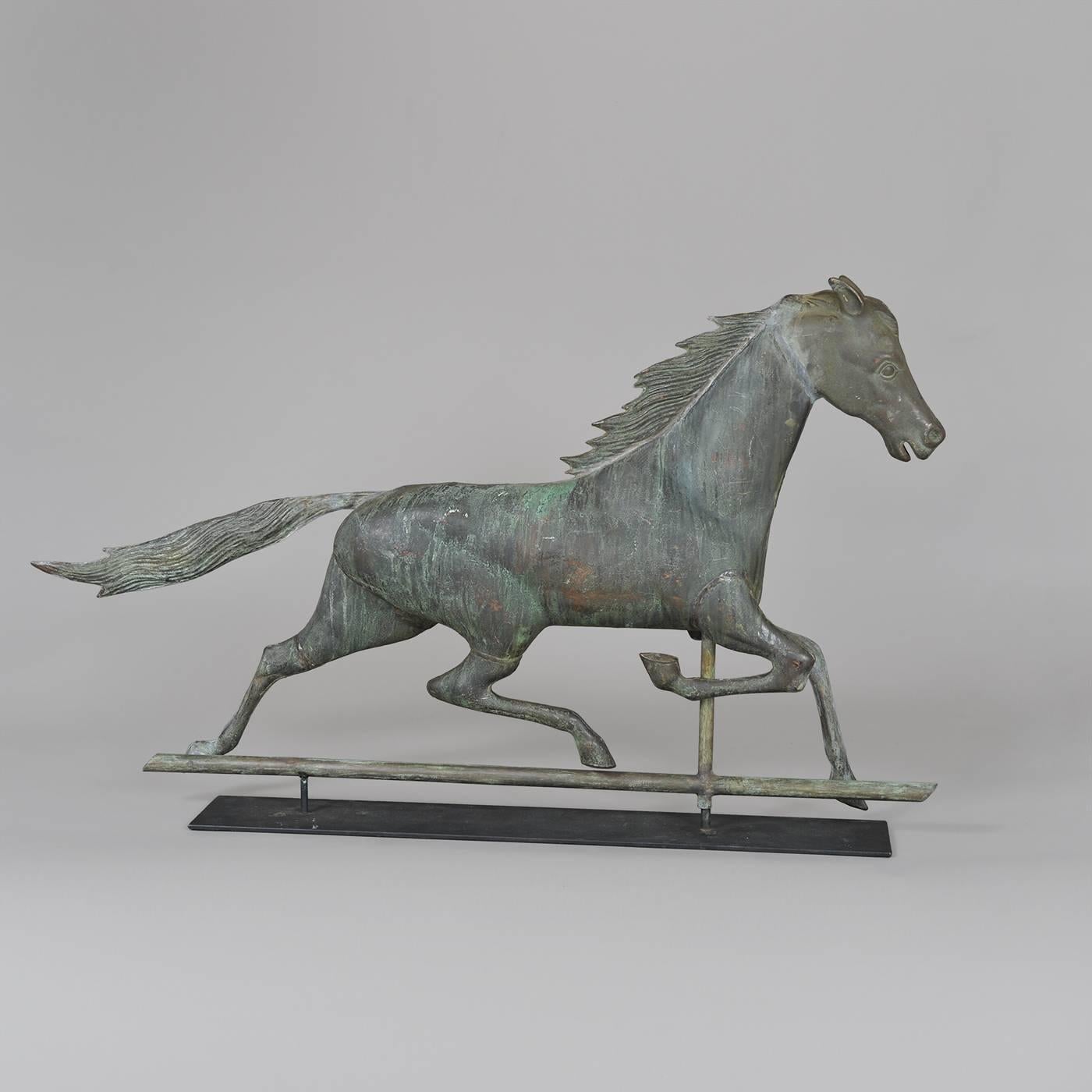 This imposing size Trotting Horse Weathervane known as ”Nelson” was made by J.L. Mott iron works of New York, circa. 1890s. Full body is mad in copper and a cast zinc head. The piece is in very good condition with greenish verdigris
