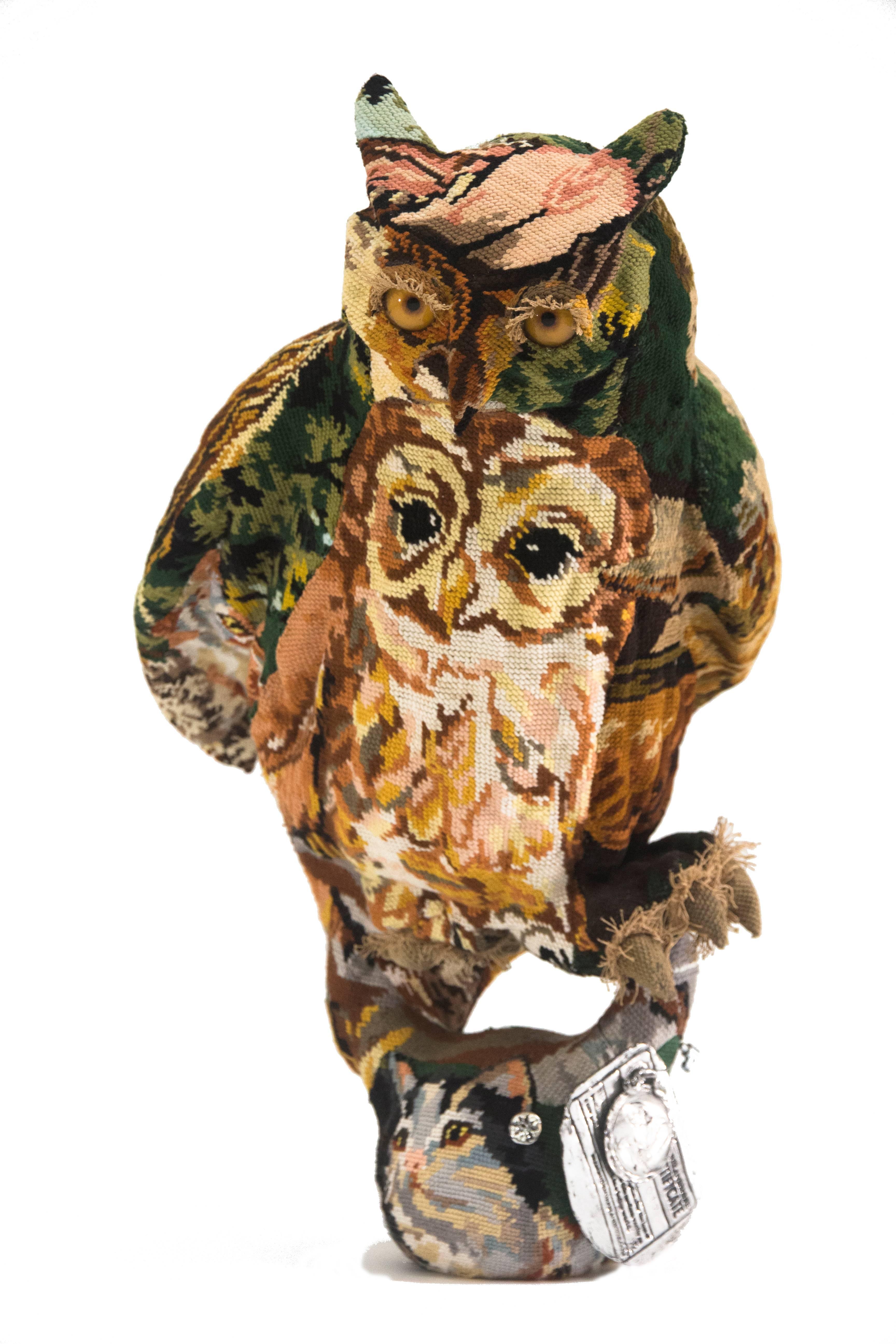 Frederique Morrel needlepoint Owly OS Born sculpture features handwoven cotton tapestry and glass eye details.