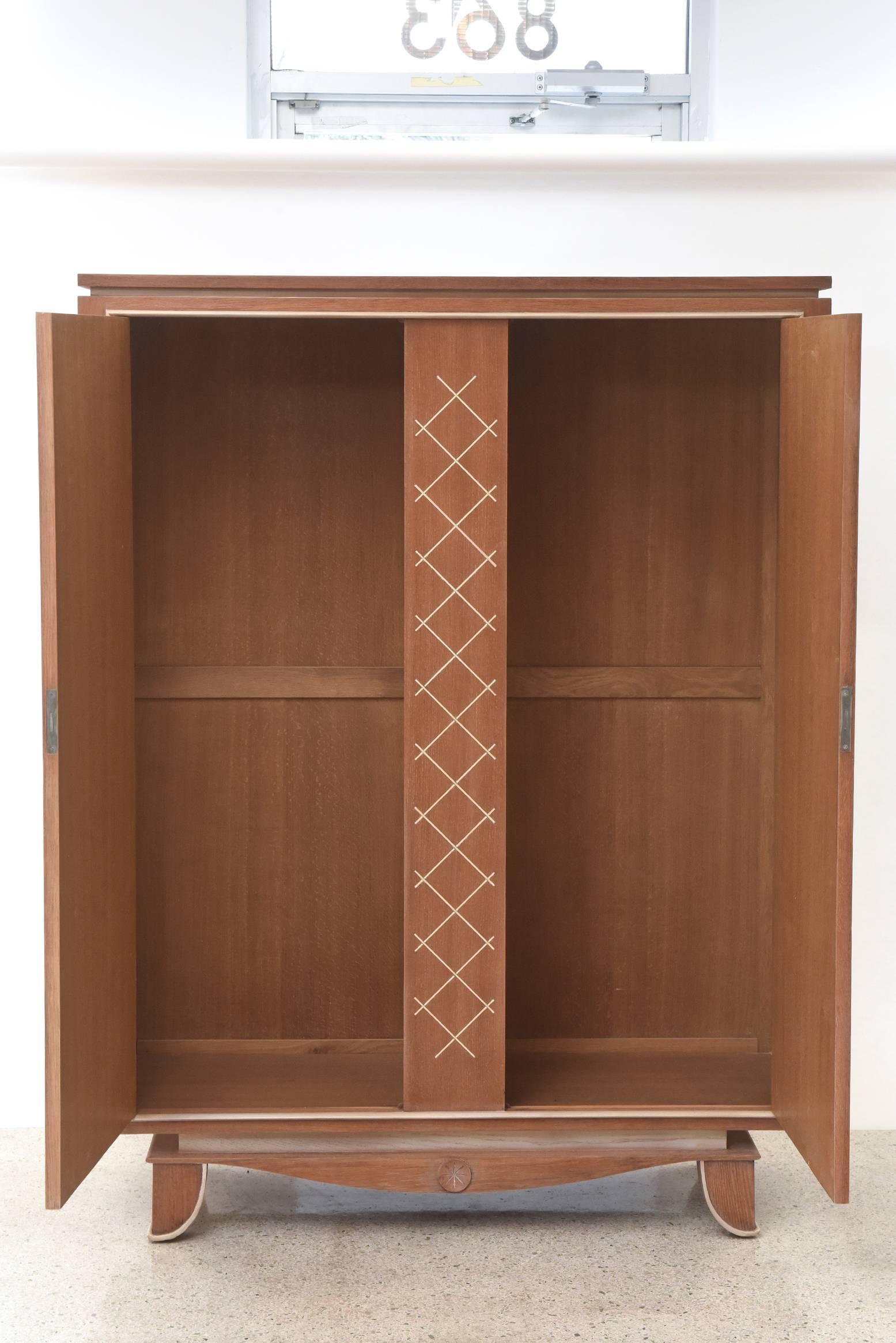 Pierre Petit French Modern Limed Oak and Parchment Tall Cabinet, 1940s In Excellent Condition For Sale In Hollywood, FL