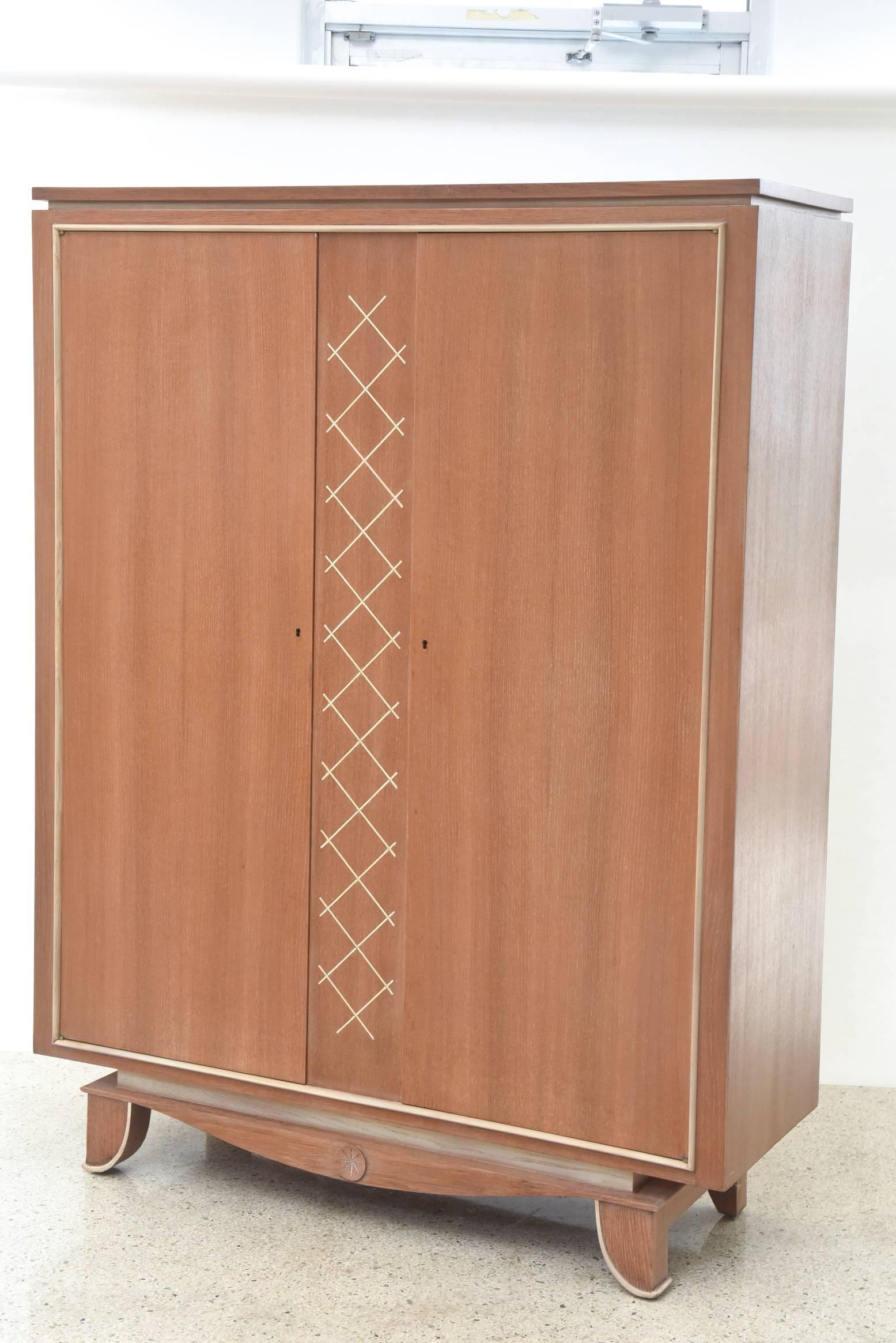 Pierre Petit French Modern Limed Oak and Parchment Tall Cabinet, 1940s For Sale 2