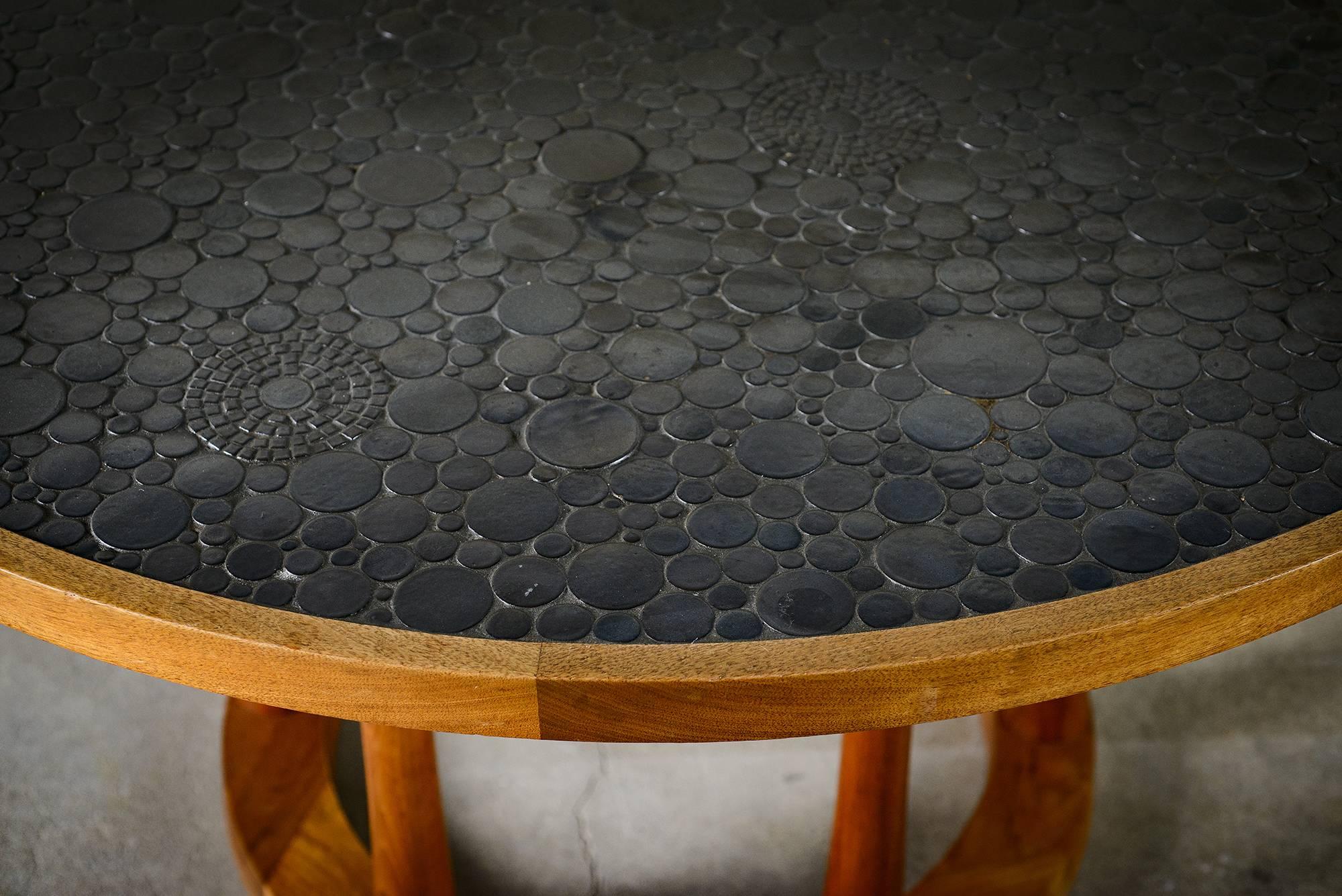 20th Century Marshall Studios Dining Table with Round Black Glazed Tiles and Walnut, 1960s