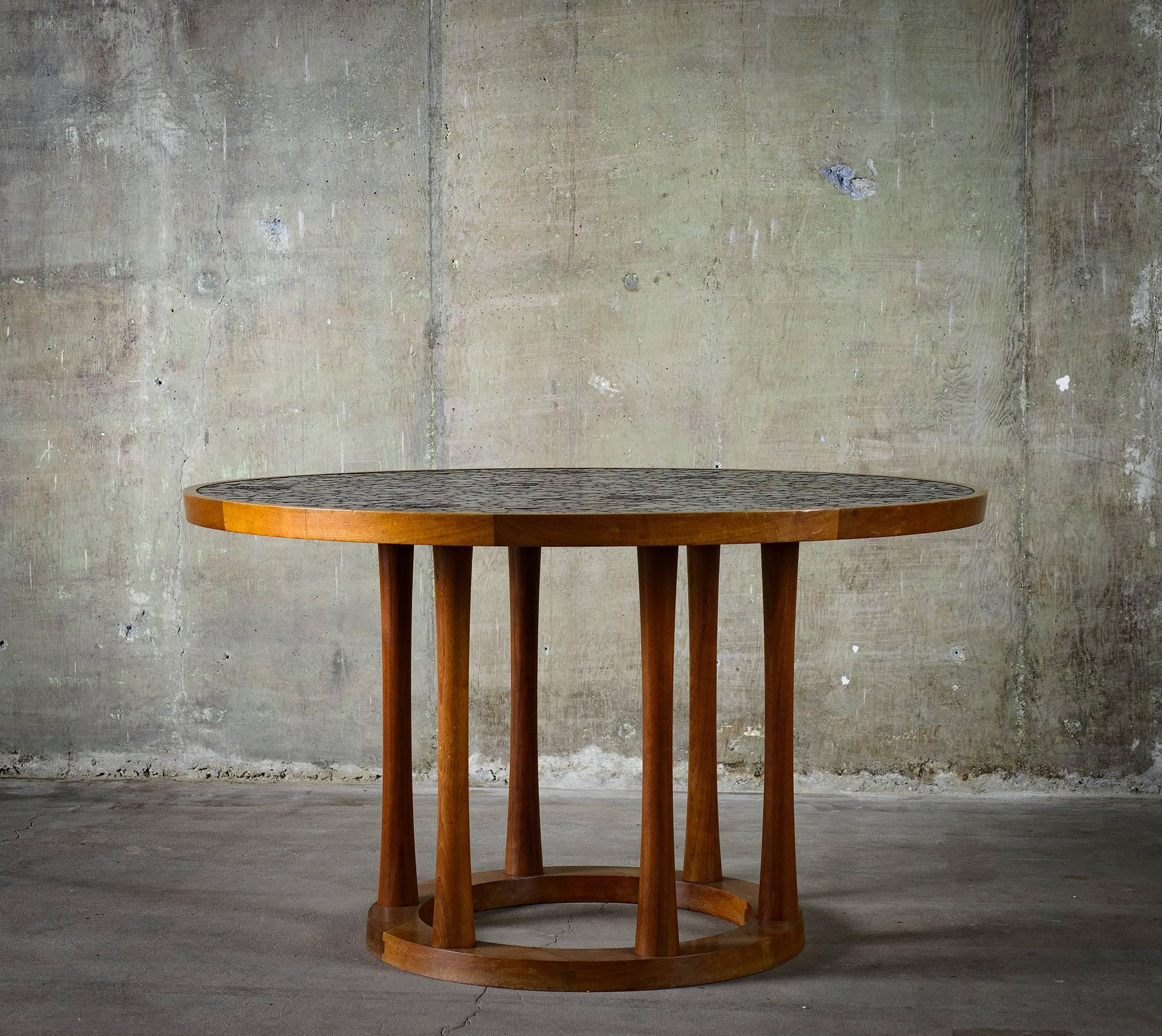 Modern Marshall Studios Dining Table with Round Black Glazed Tiles and Walnut, 1960s