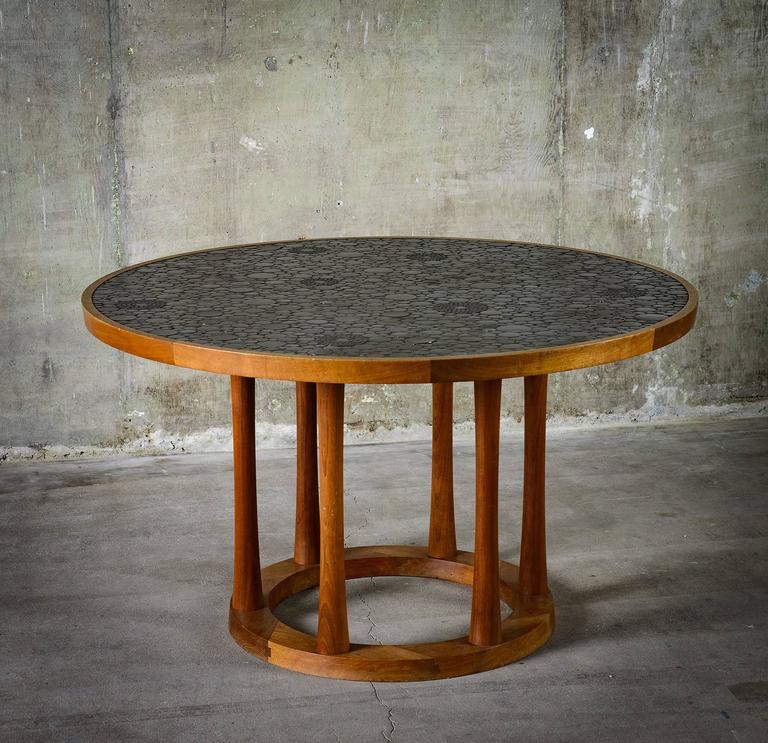 Marshall Studios Dining Table with Round Black Glazed Tiles and Walnut