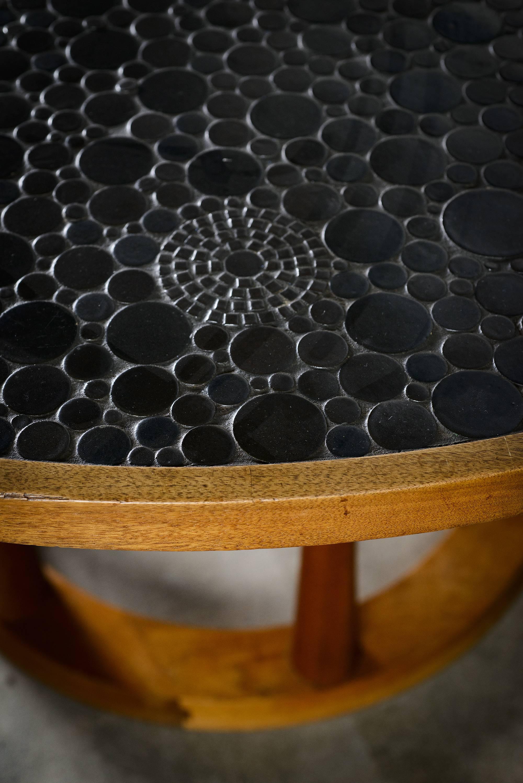 Ceramic Marshall Studios Dining Table with Round Black Glazed Tiles and Walnut, 1960s
