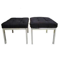 Pair of Milo Baughman Style Tufted Chrome Stools Mid-century Modern 6