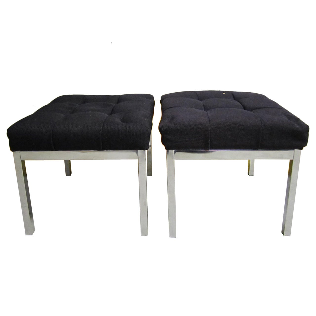 Pair of Milo Baughman Style Tufted Chrome Stools Mid-century Modern For Sale