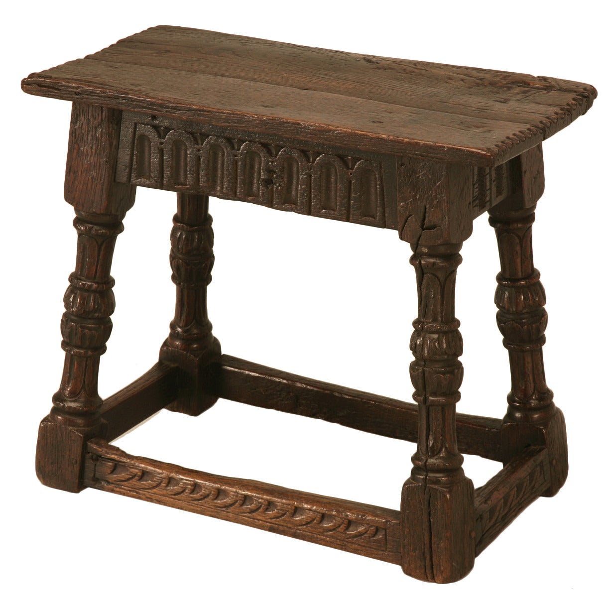 Original 17th C. Antique English Oak Bench or Stool with Carved Aprons and Stretchers