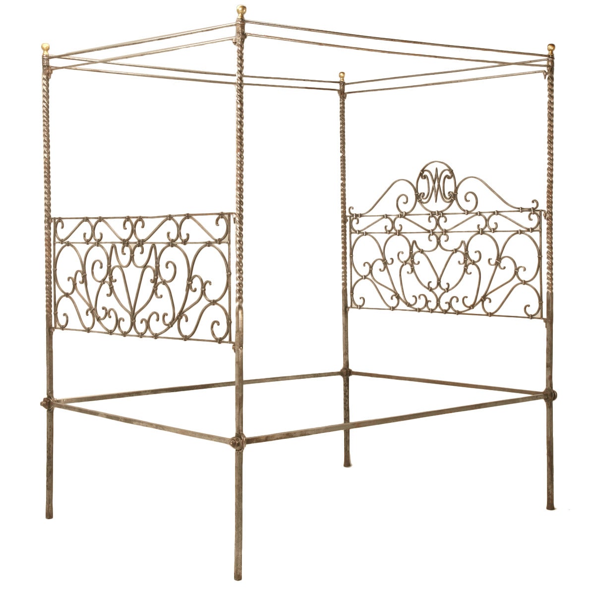 Circa 1880 French Hand Forged Iron Canopy Bed with Twists and Brass Finials