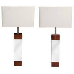 Pair of Chrome and Walnut Lamps