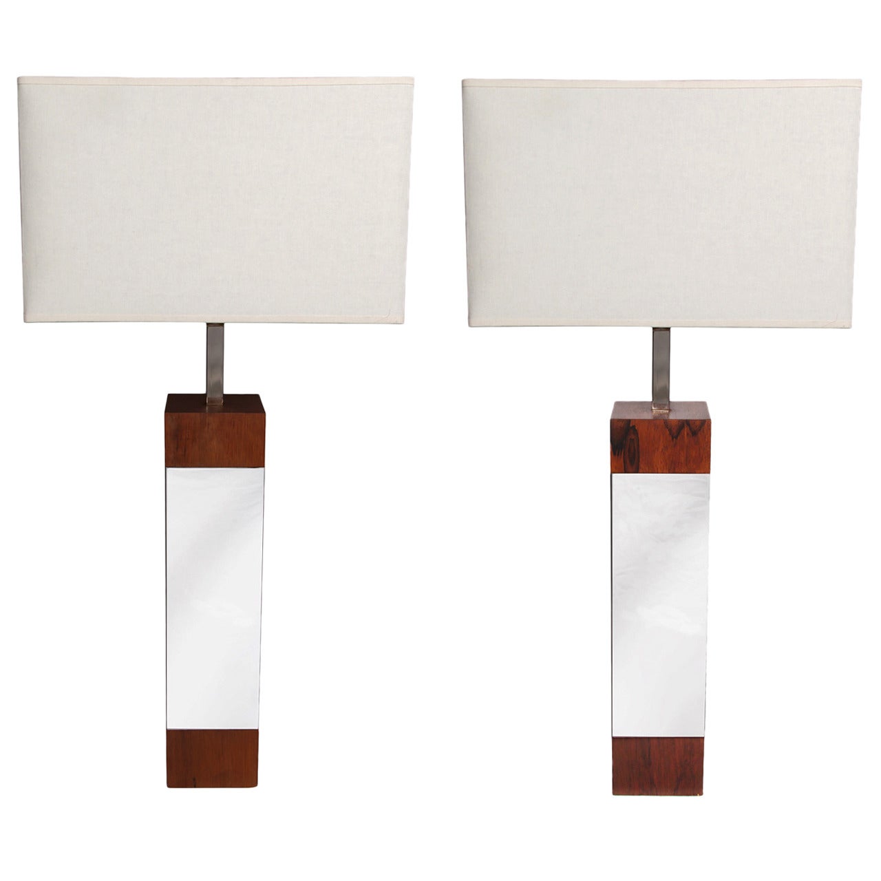 Pair of Chrome and Walnut Lamps For Sale