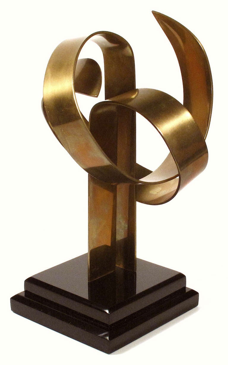 Modern Brass Van Teal Sculpture on Tiered Black Lacquer Stand