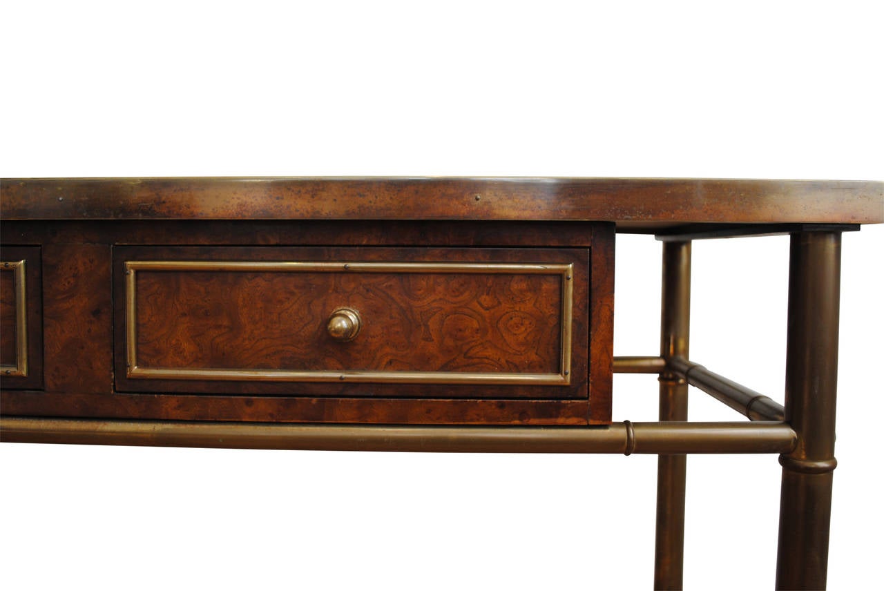 Mid-Century Modern Mastercraft Burl Wood and Patinated Brass Console Table with Etched Top