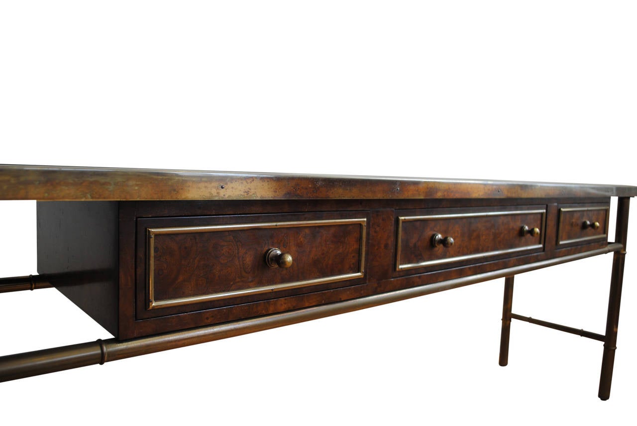 Late 20th Century Mastercraft Burl Wood and Patinated Brass Console Table with Etched Top