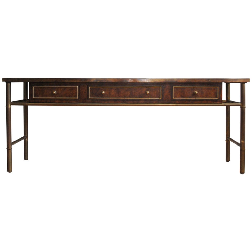 Mastercraft Burl Wood and Patinated Brass Console Table with Etched Top
