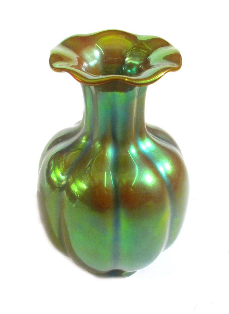 An Art Deco Zsolnay ceramic vase with a remarkable eosin iridescent metallic glaze. Marked.