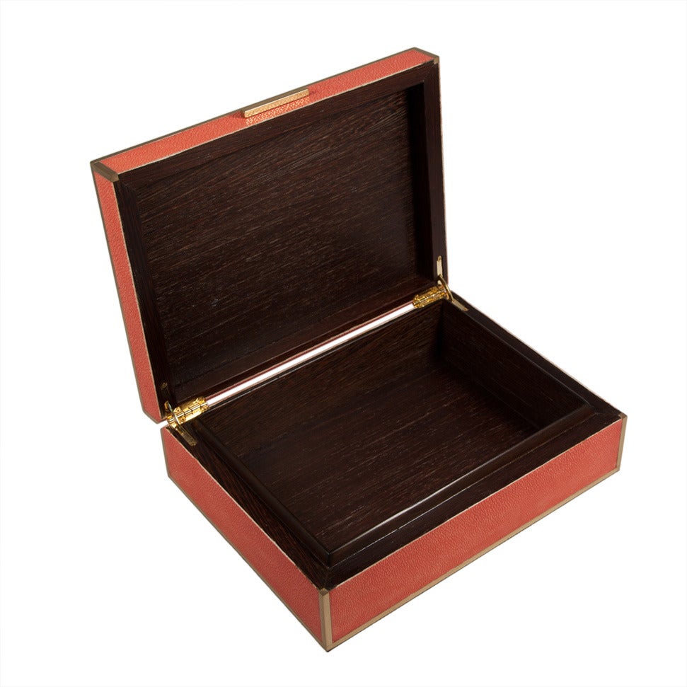 A beautifully detailed and finished coral shagreen and brass box.