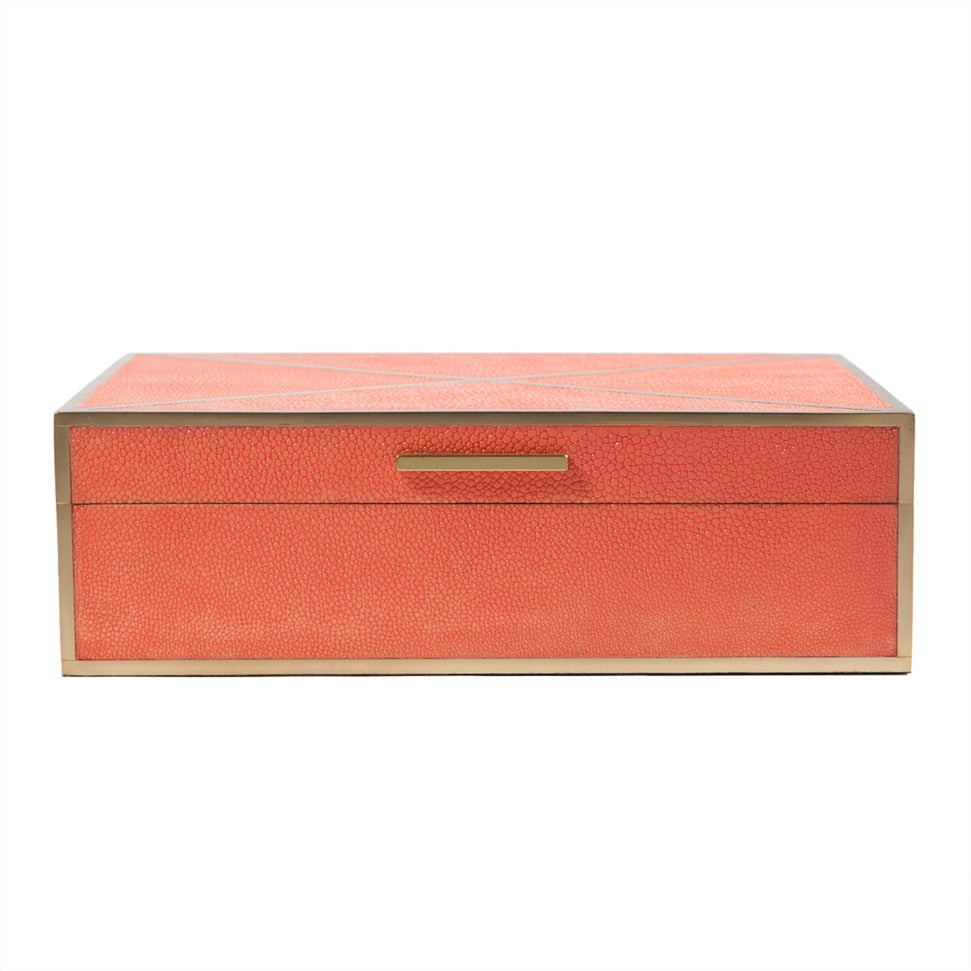 Modern Coral Shagreen and Brass Hinged Box with Wenge Interior