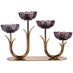 Ystad Brass & Amethyst Glass Candleholder by Gunnar Ander