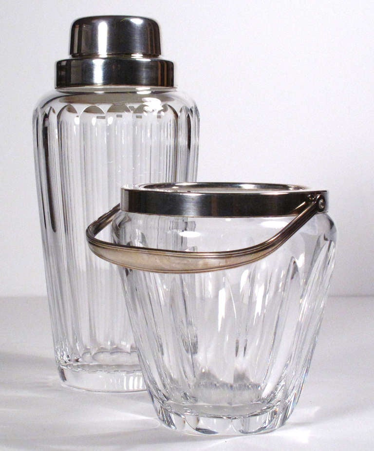Mid-Century Modern Crystal and Silver Cocktail Shaker & Ice Bucket