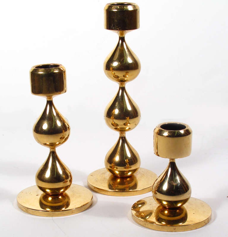 Scandinavian Modern Trio of Gold-Plated Asmussen Candle Holders