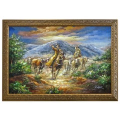 Western Painting Oil on Canvas, Scene of a Roundup, Late 20th Century