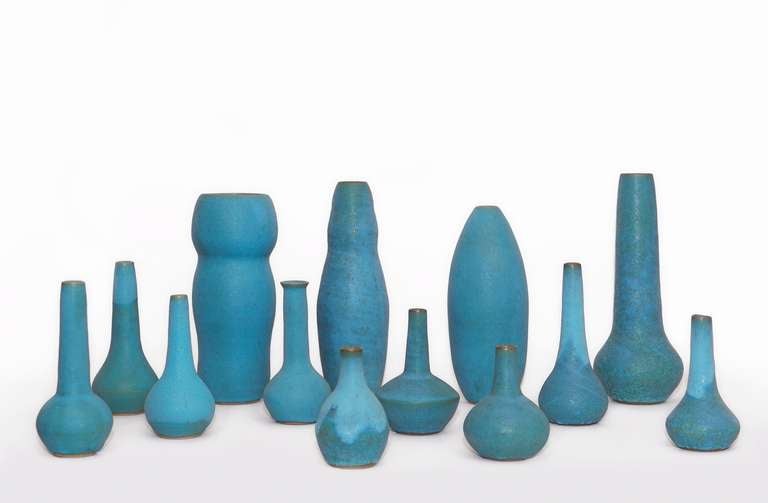 French Important Set of 13 Stoneware Blue Vases by Sandra Zeenni