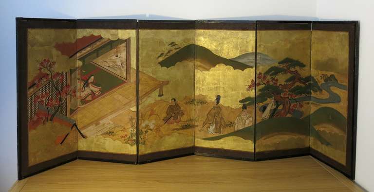Small Japanese paper screen six panels decorated with scenes from the Genji in a landscape on a gold leafs background.  Japan - Edo Period - end of the eighteenth century.
