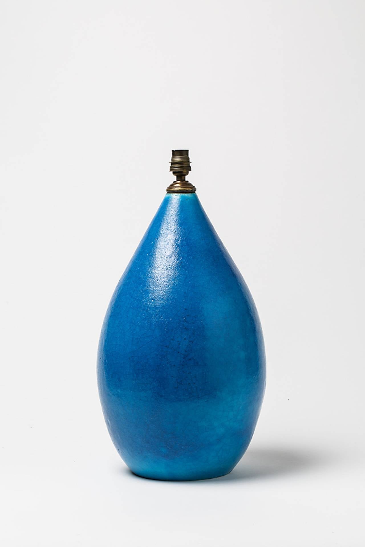 French Blue Ceramic Lamp by Raoul Lachenal, circa 1930-1940