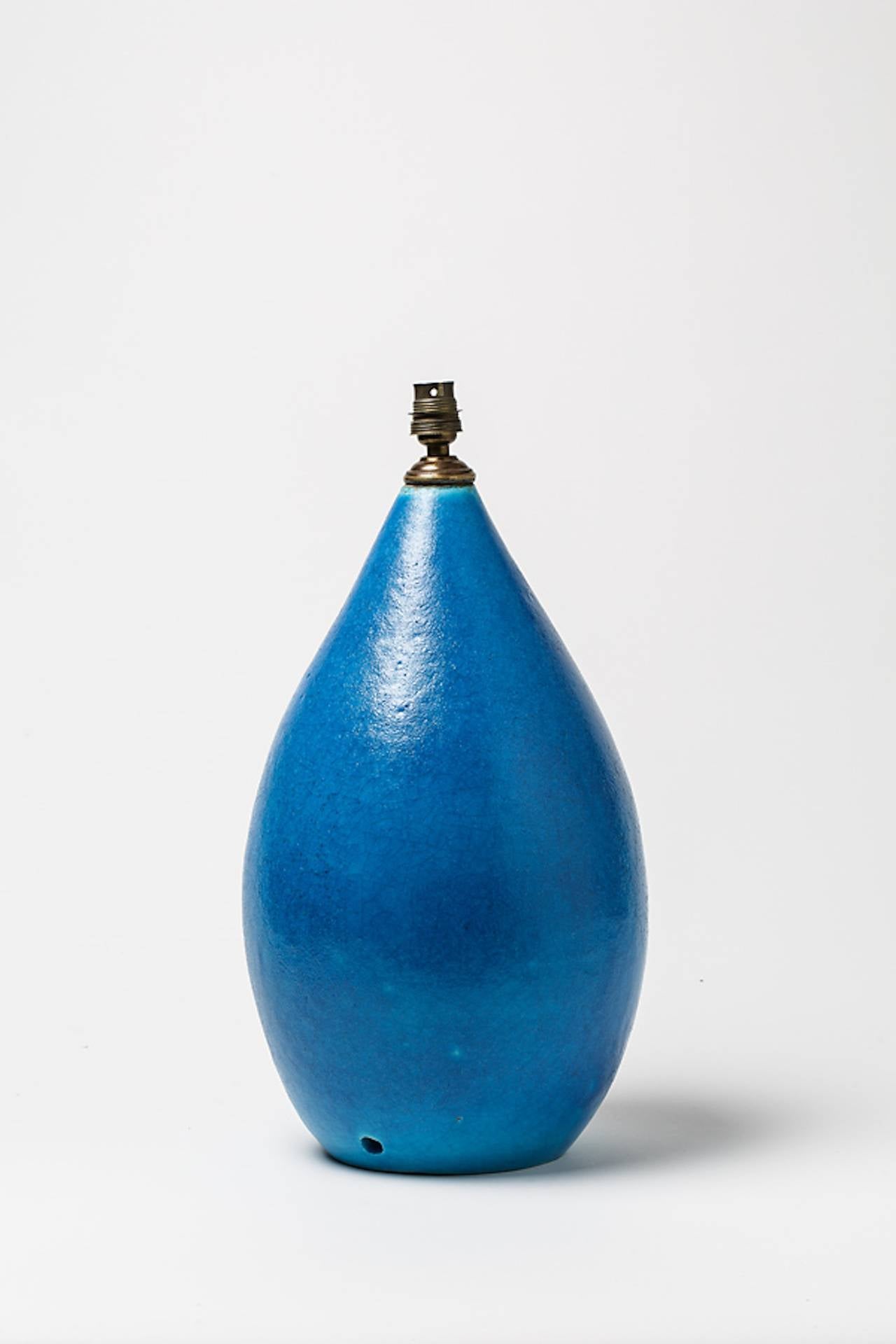 Turned Blue Ceramic Lamp by Raoul Lachenal, circa 1930-1940