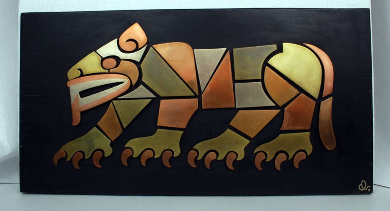 Exceptional Chato Castillo wall plaque.  This fabulous modernist made by Chato in the 1950's depicts a modernist view of a Pre Columbian depiction of the Jaguar.  Olmec and Mayan cultures revered the jaguar of the rain forest. This is an