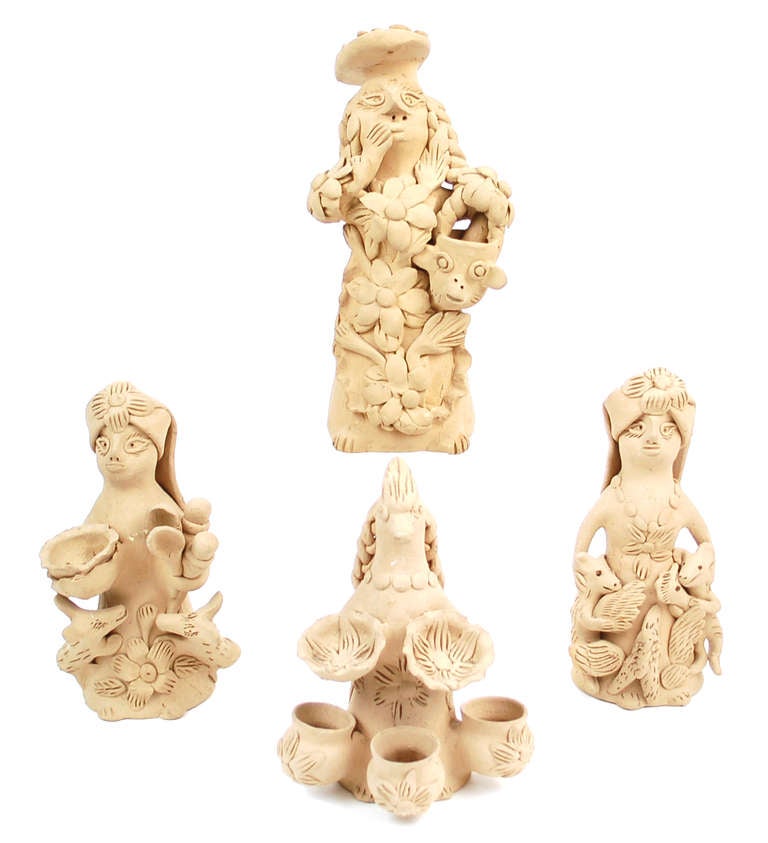 Precious collection of four Teodora Blanco (1928-1980) figurines.  These pieces depict women-animal-plant mythological Nagualas.  Teodora worked in Atzompa Oaxaca.  Nelson Rockefeller  actively collected her pieces and visited the artist in her home
