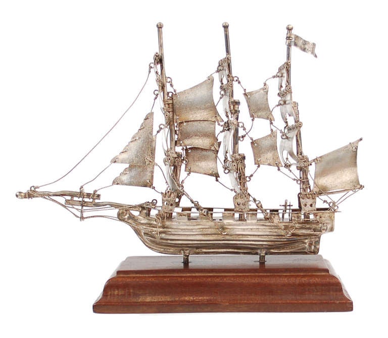 Sterling Silver Three Mast Tall Ship Model In Good Condition For Sale In Los Angeles, CA