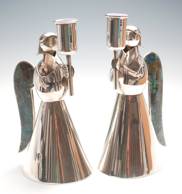 A rare pair of Los Castillo classic Angels candle holders with azure malachite on the wings. Vintage Taxco