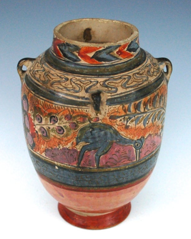 Museum quality, late Spanish Colonial burnished and hand painted in gold and natural dyes. This exceptional vase was made in Tonala in Jalisco Mexico. Colors are somewhat faded bt all are still discernible. Has a few minor scuffs but no damage or