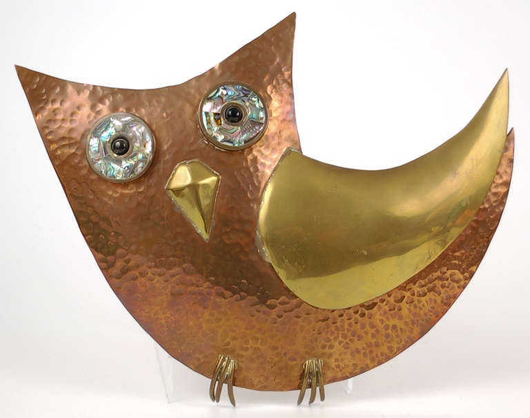 Mexican Los Castillo Mixed Metals Modernist Owl Sculpture