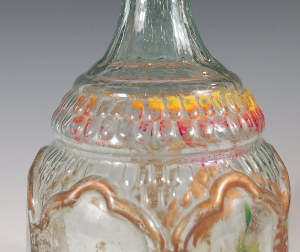 Folk Art  Hand Painted Large Blown Glass Botle 19th C Mexican 1