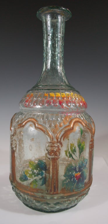 Folk Art  Hand Painted Large Blown Glass Botle 19th C Mexican In Fair Condition In Los Angeles, CA